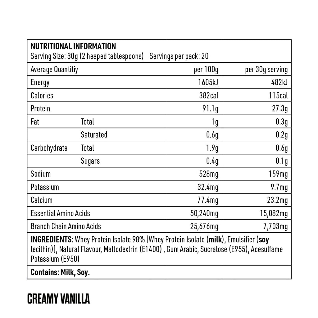 Eat Me Lean Shake 600g Creamy Vanilla Whey Protein Isolate (WPI)  Nutritional Information