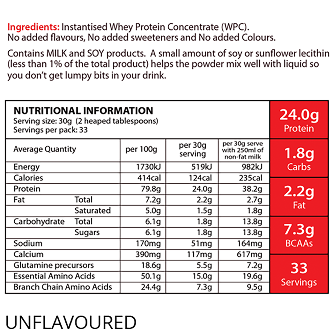 Eat Me 100% New Zealand Whey Protein WPC Unflavoured Nutritional Information