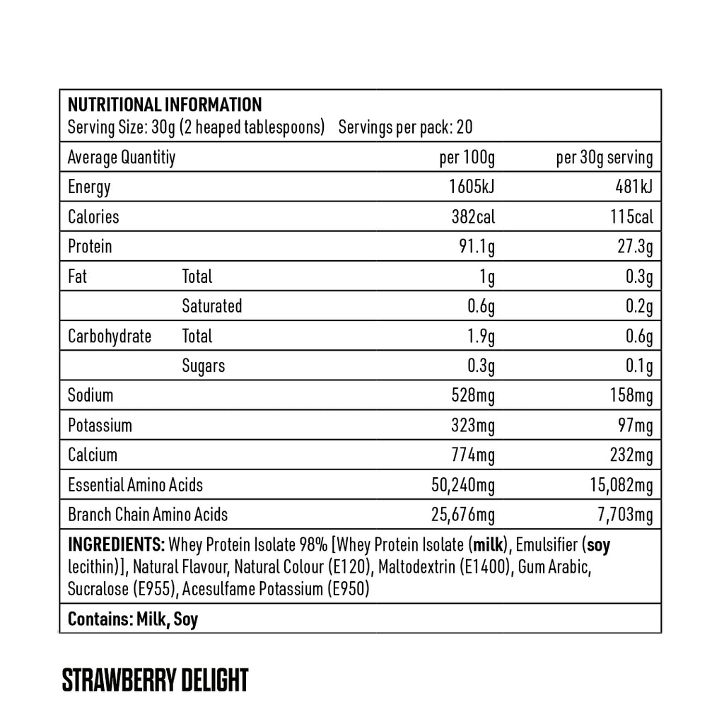 Eat Me Lean Shake 600g Strawberry Delight Whey Protein Isolate (WPI)  Nutritional Information
