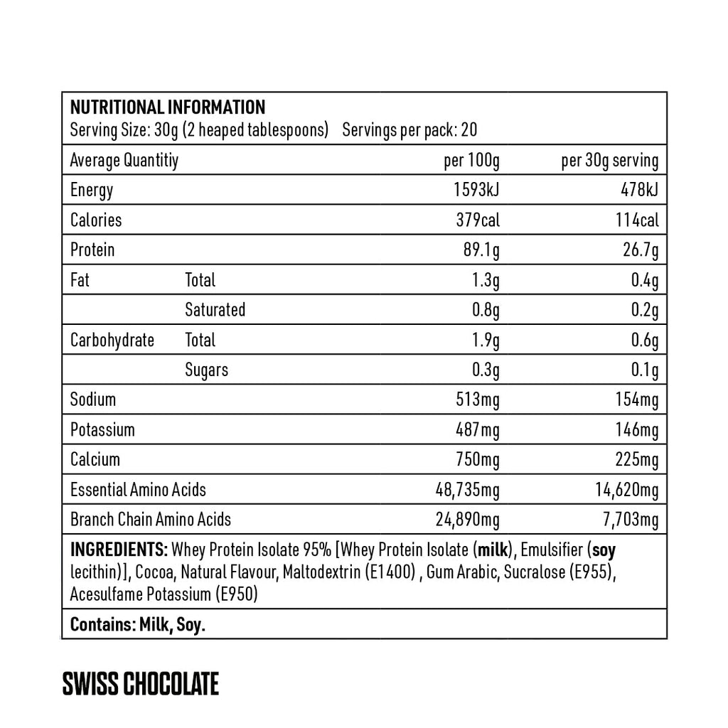 Eat Me Lean Shake 600g Swiss Chocolate Whey Protein Isolate (WPI)  Nutritional Information