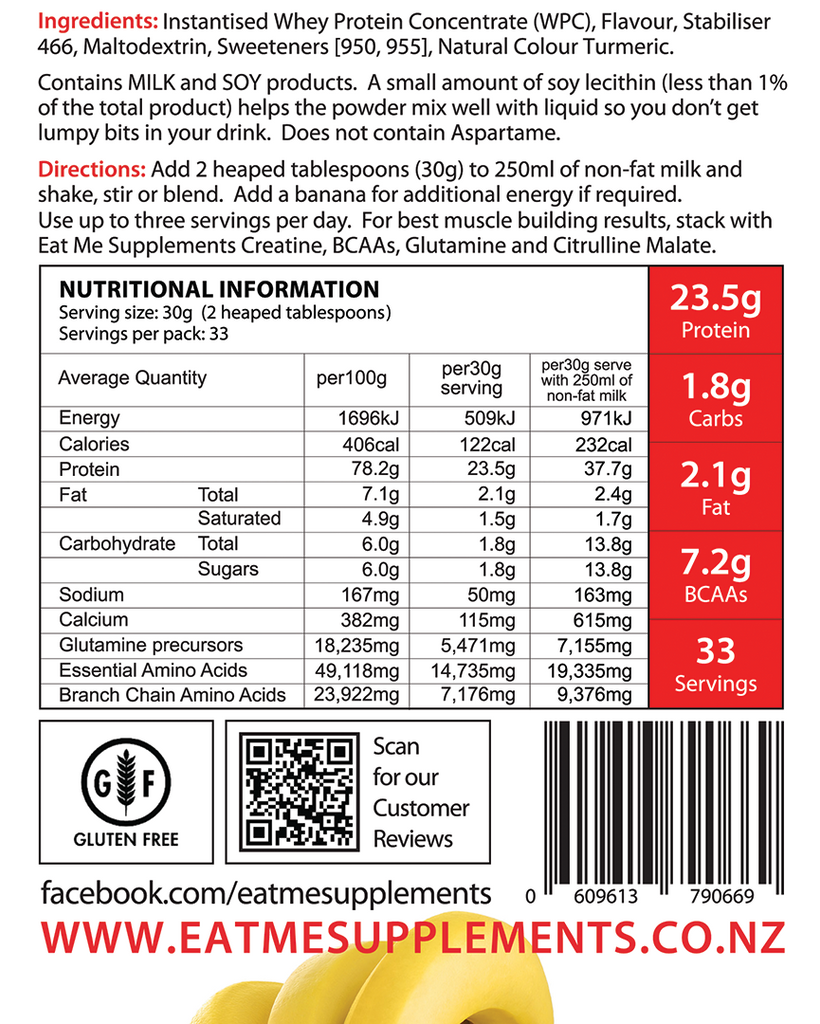 Eat Me 100% New Zealand Whey Protein WPC Banana Bliss Nutritional Information