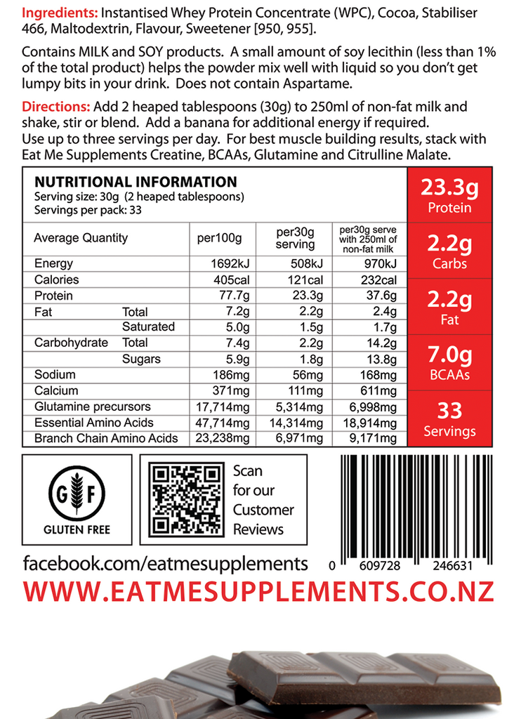 Eat Me 100% New Zealand Whey Protein WPC Cheeky Chocolate Nutritional Information