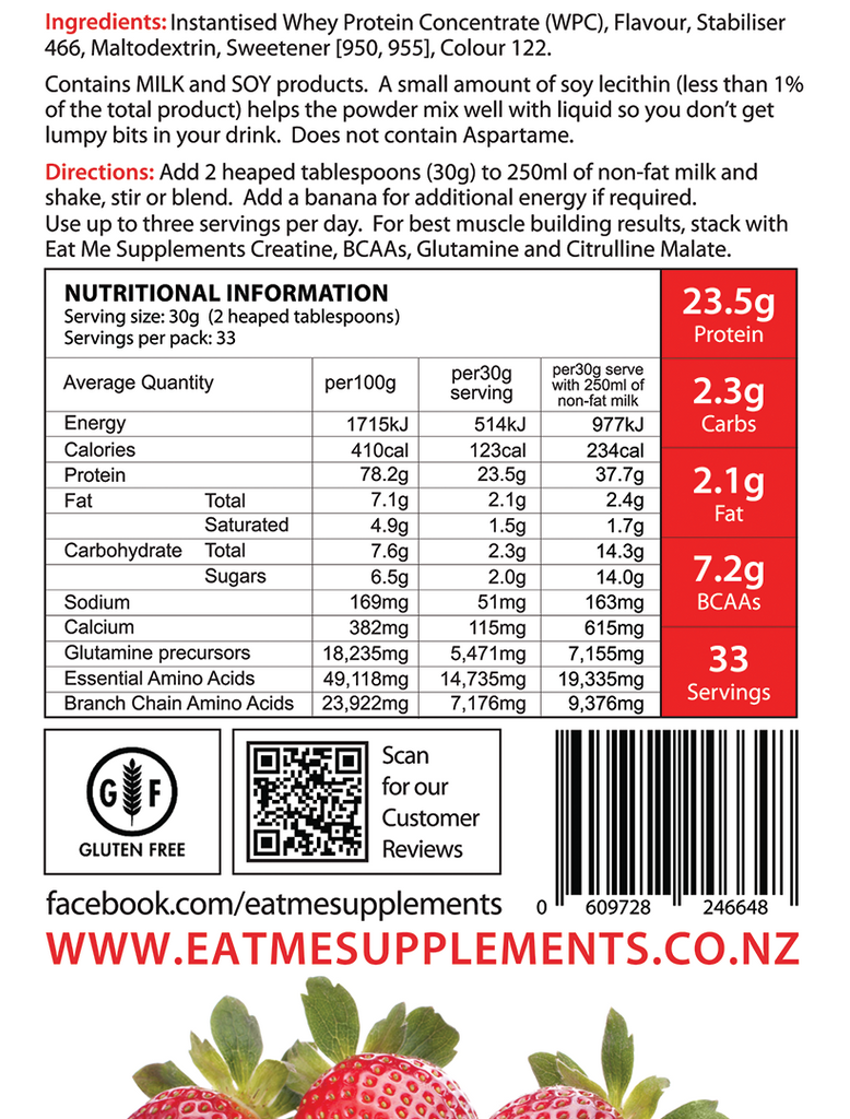 Eat Me 100% New Zealand Whey Protein WPC Sexy Strawberry Nutritional Information