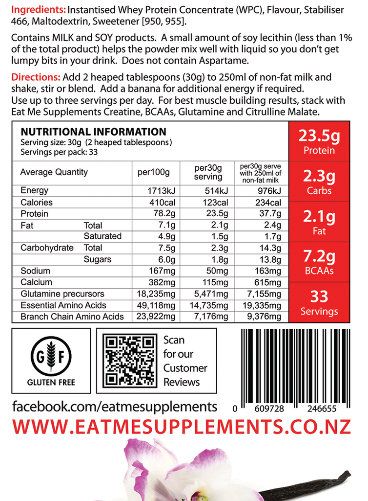 Eat Me 100% New Zealand Whey Protein WPC Velvet Vanilla Nutritional Information