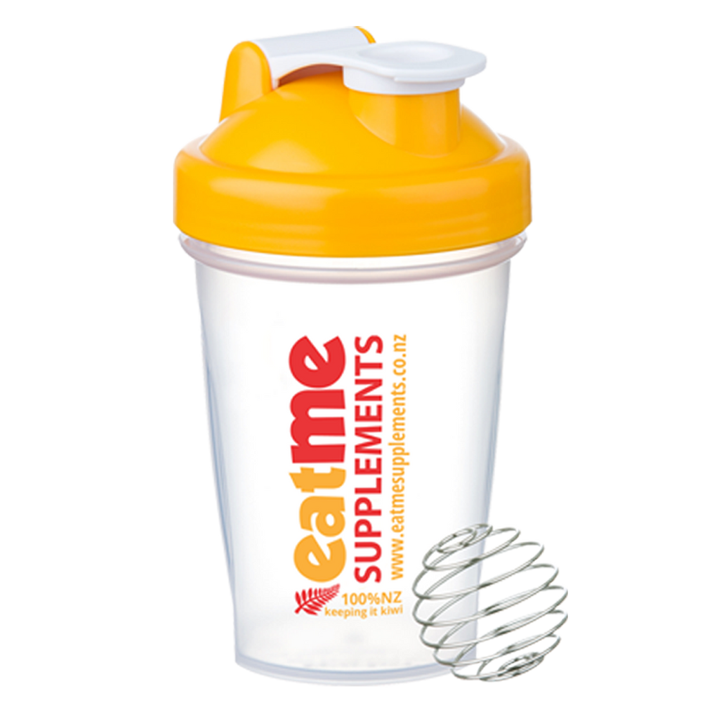 Mini shaker blender bottle 400ml stainless whisk ball yellow top Eat Me Supplements