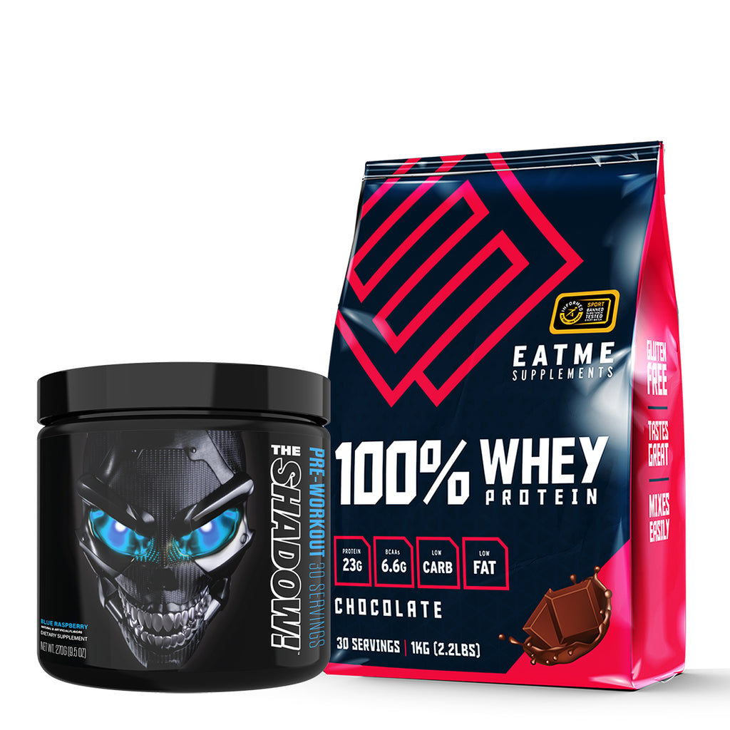 JNX Shadow! pre-workout 30 serve and Eat Me Supplements Premium Whey Protein 1kg 